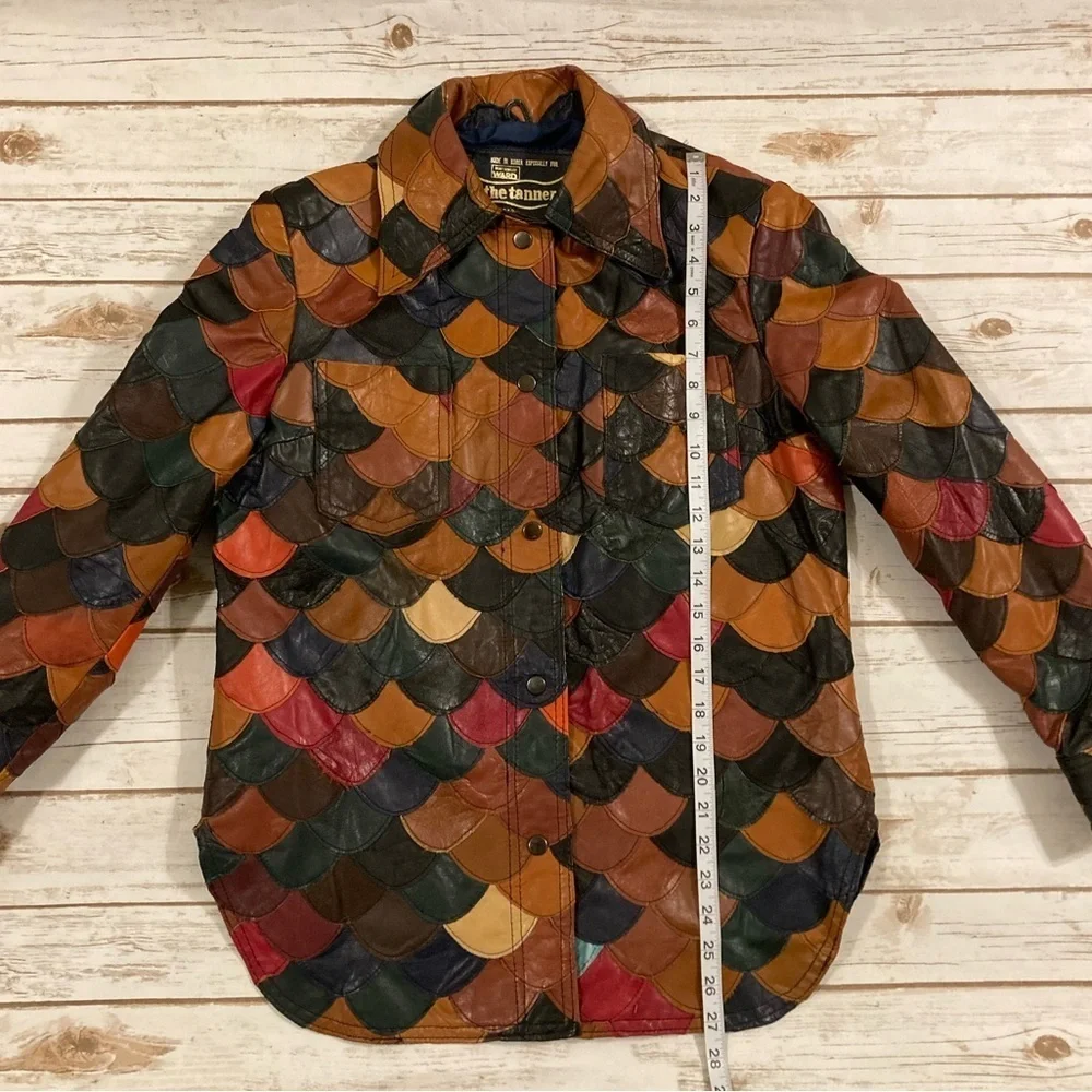 Vintage 1970’s Patchwork Fish Scale Leather Shirt Jacket Medium - Picture 3 of 15